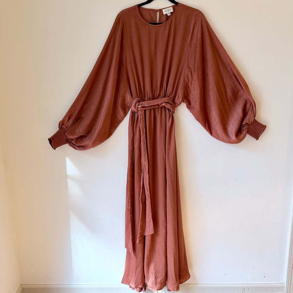 Aura Long Sleeve Satin Look Maxi Dress with Tie Waist and Smocked Cuffs